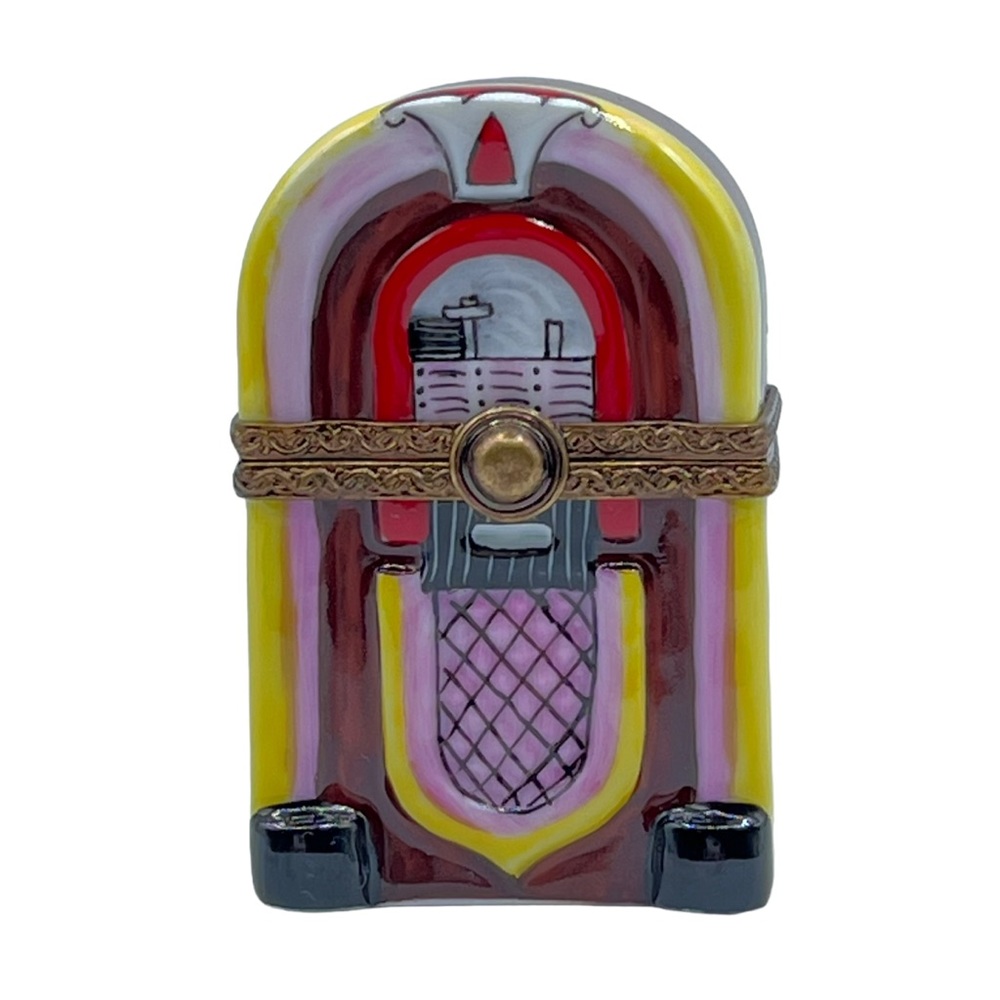 Rare Vintage Limoges France Peint Jukebox Porcelain Trinket Pill Box Collectible